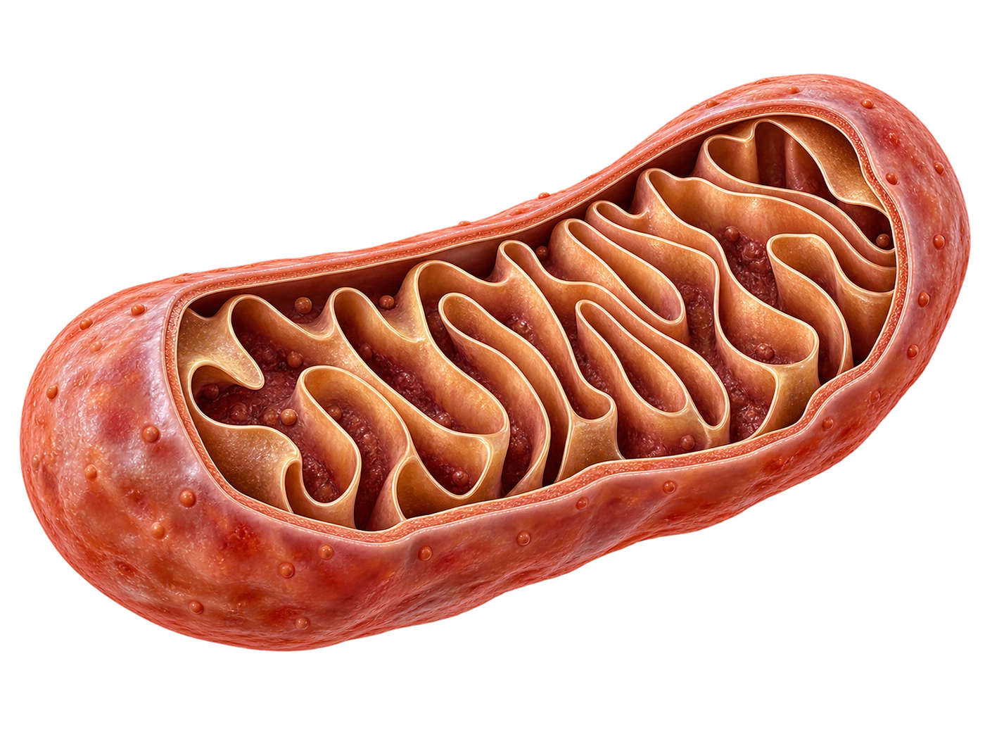 Mitochondrie ouverte montrant les replis de sa membrane interne.
